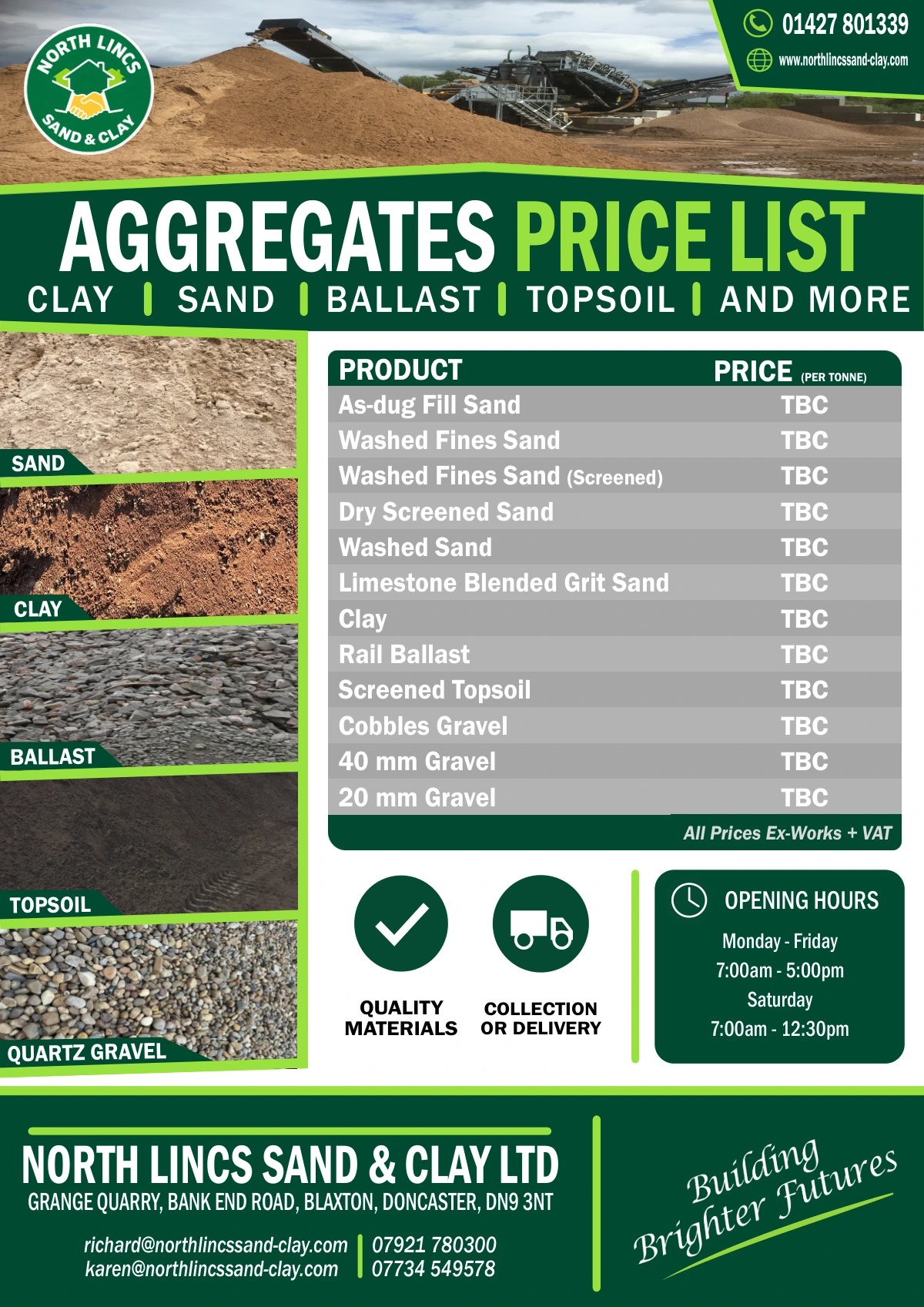 North Lincs Sand and Gravel flyer. All aggregate prices are TBC. Opening hours and contact details are included. A text version follows for screen readers.